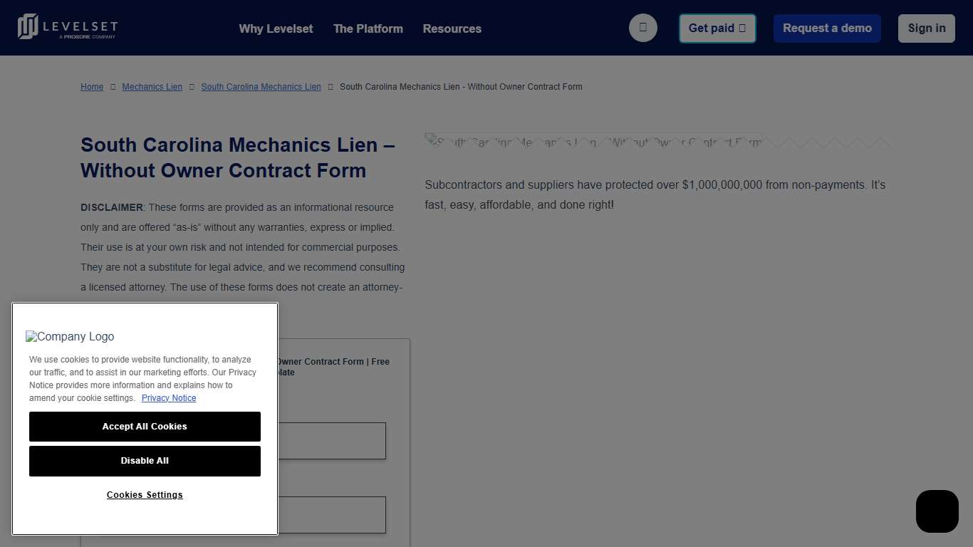 South Carolina Mechanics Lien - Without Owner Contract Form