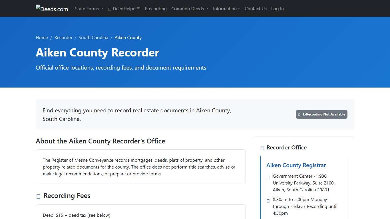 Aiken County Recorder Information, South Carolina - Deeds.com